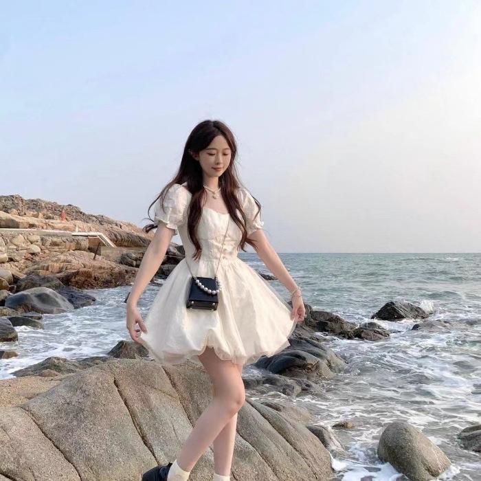 

Milk sweet first love dress summer waist thin medium and long splicing mesh bud skirt small fashion skirt S белый