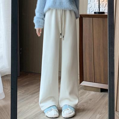 Autumn Fleece Casual Wide Leg Pants for Women Winter Thicken Warm Straight Loose High Waist Trousers Women Elegant Drawstring Plush Ladies Pants 25318