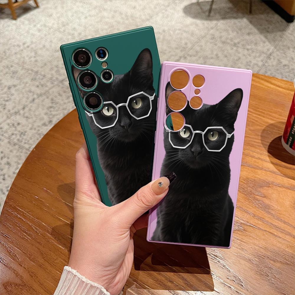 Black Cat In Hexagonal Glasses Case for Samsung Galaxy S25 S24 Ultra S23 S22 S21 S20 FE Plus Soft TPU Slim Fit Shockproof Cover