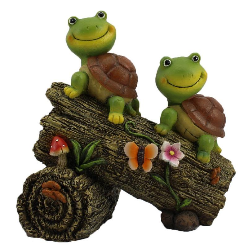 Two Turtles Standing on A Tree Stump Resin Crafts Display Outdoor Animal Solar Lighting Decorations Gothic Home Decor Statue
