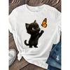 European Size Women'S Casual Short Sleeve Crew Neck T-Shirt with Adorable Black Kitten & Butterfly Print - Soft Stretch Fabric