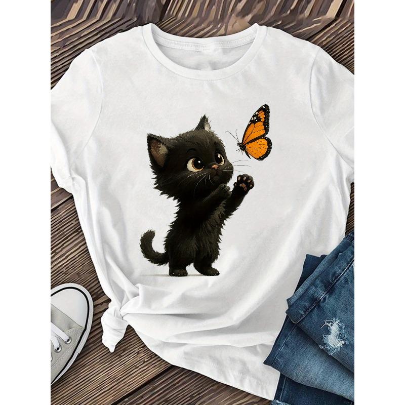 

European Size Women S Casual Short Sleeve Crew Neck T-Shirt with Adorable Black Kitten & Butterfly Print - Soft Stretch Fabric S белый