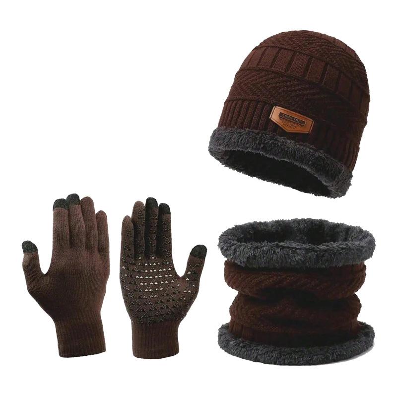 1set Three-piece Neckline, Men's Windproof Hat, Outdoor Winter Scarf, Gloves, one Plus Knit Hat