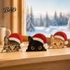Desktop Cat Figurine Cute Shelf Sitter, Wooden Christmas Hat Peeking Desk Figurine, Funny Animal Small Statue Sign, Lover Gift for Holiday Home Office