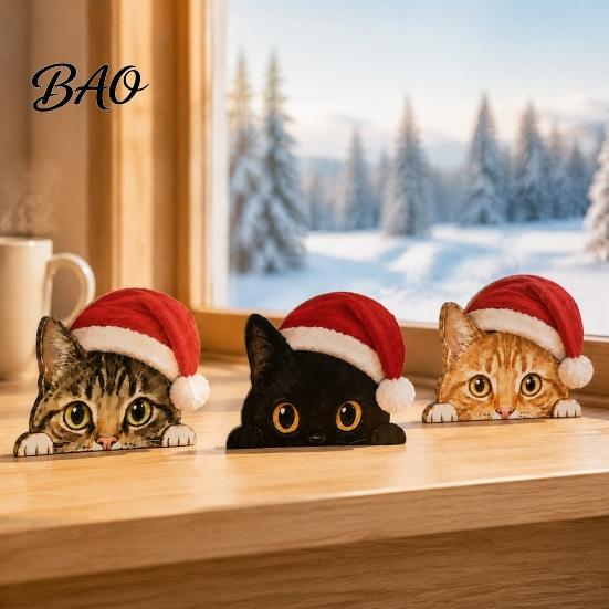 Desktop Cat Figurine Cute Shelf Sitter, Wooden Christmas Hat Peeking Desk Figurine, Funny Animal Small Statue Sign, Lover Gift for Holiday Home Office