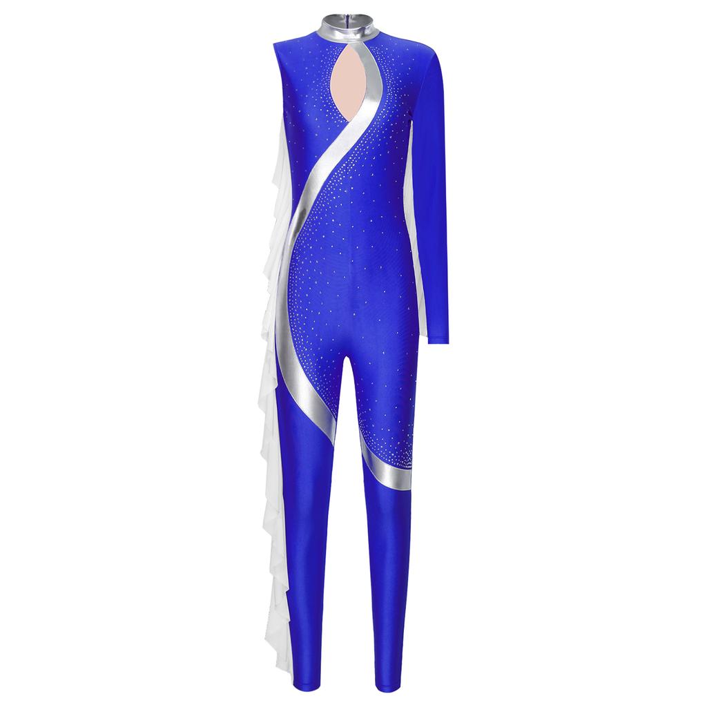 Dame Jumpsuit med metallisk fargeblokk Mock Neck Skinnende rhinsteiner Hel kroppsleotard Ytelse Danseklær