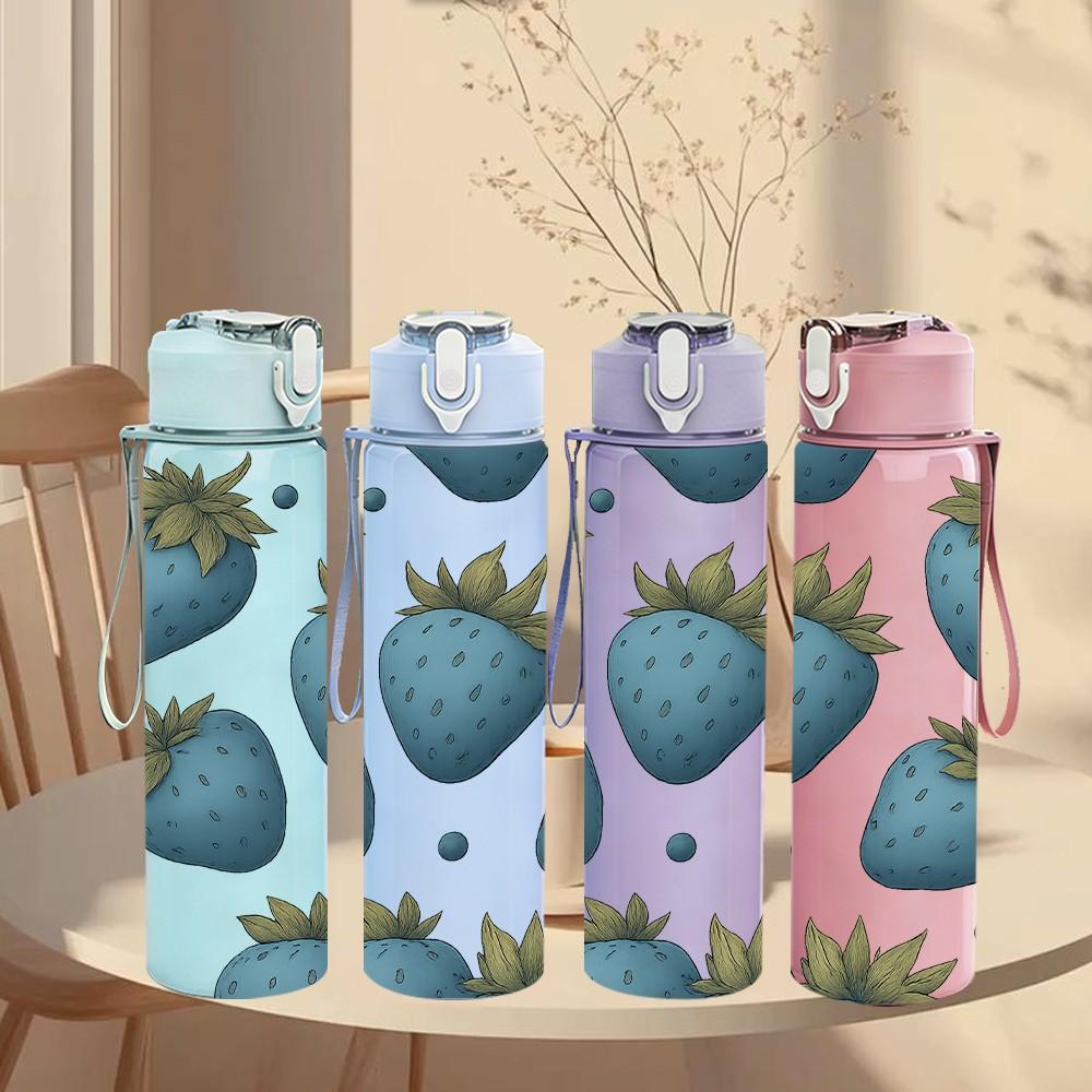 1PC Repeating Blue Strawberry Grid 750ml Color Plastic Sports Water Bottle Leakproof Flip Straw Lid For Sports Office Home Use