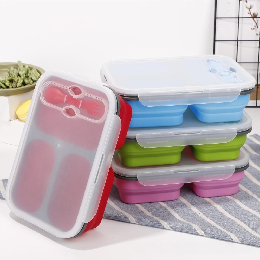 1350ml Foldable Lunch Box with Spork Large Capacity 3 Grids Food Storage Container  Student