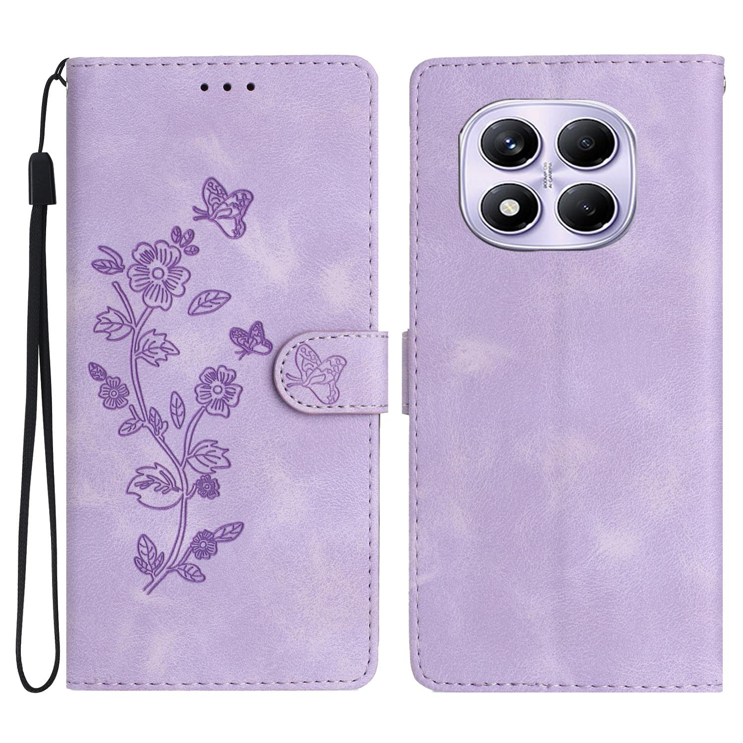 

For Xiaomi Redmi Note 14 Pro 4G Case Leather Imprinted Flower Phone Cover Wallet with Wrist Strap Purple