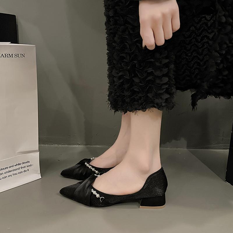 Shallow Mouth Pearl Fashion Women's Shoes Spring Summer New Thick Low Heel Pumps for Women Casual Pointed Single Shoes