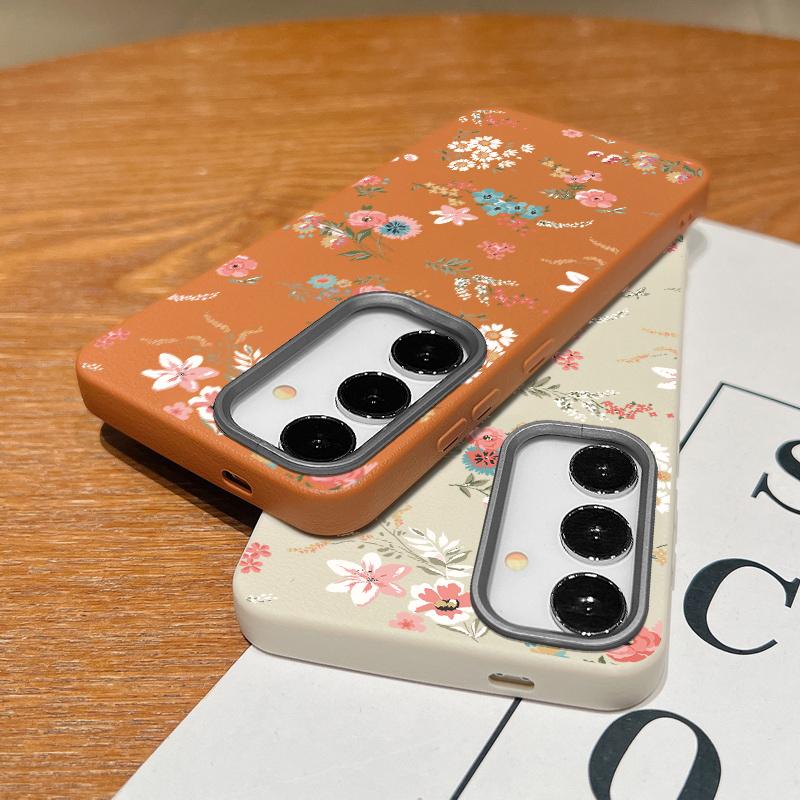 Retro Flowers Leather Texture TPU Case For Samsung Galaxy S24 FE S25 S23 S22 Ultra S25 Edge A55 A56 A16 A15 A54 A26 Phone Cover