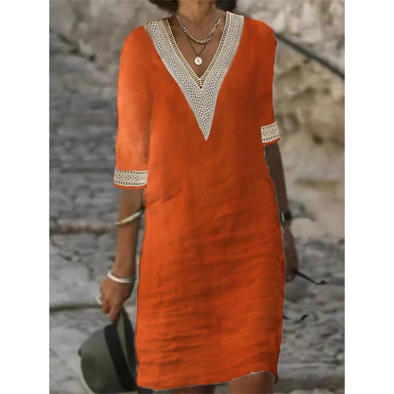 Spring and Summer Solid Color V-neck Cotton and Linen Dress