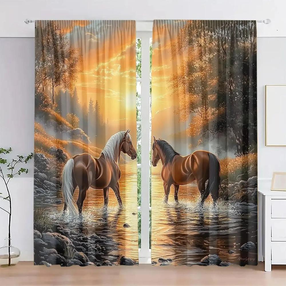 2 Pieces of Sunset Stream Horse Printed Curtains,30*65 Inches, Home Decoration, Room Decoration