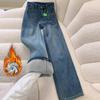 Damen High-Waist Retro Wide-Leg Blaue Jeanshose mit Fleece-Futter