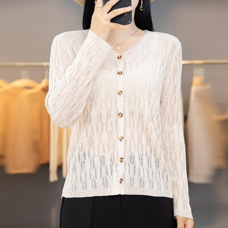 

Кардиган из шерсти мериноса, ажурная вязаная куртка, тонкий осенне-зимний новый свитер, топ, длинный рукав, верхняя одежда для женщин M