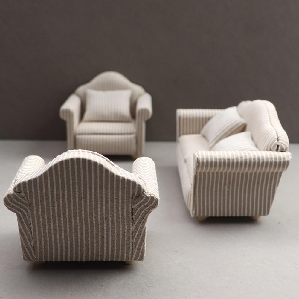 Moin Moin Miniature Furniture 1/12 Scale Sofa Set 3 Pieces White Beige Striped Fabric Dollhouse Accessories