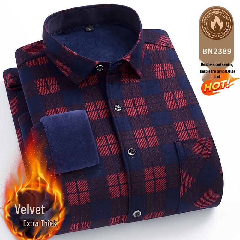 Men's Double-Sided Fleece-Lined Long-Sleeve Shirt for Autumn and Winter