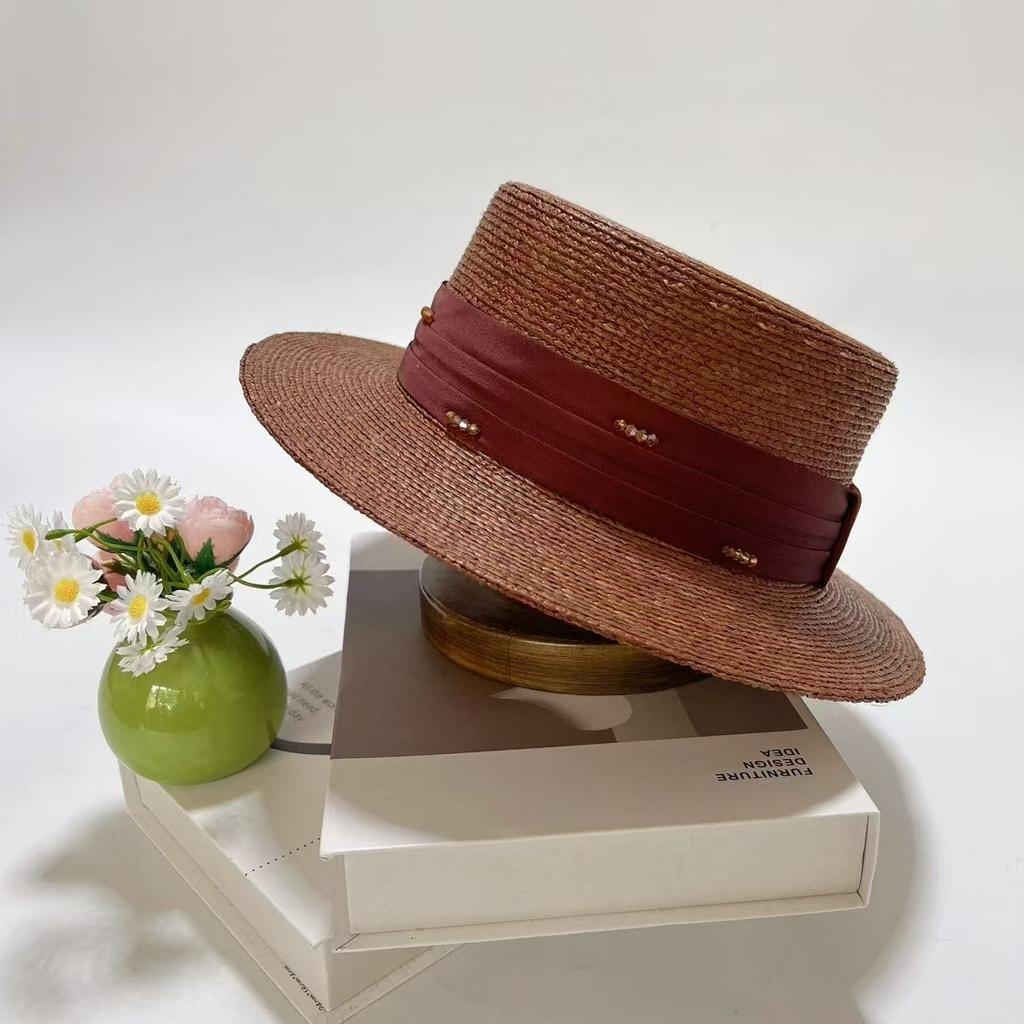 Dale Lafite Hat Women'S Sunscreen Flat Top Straw Hat French Pearl Sun Hat Uv Protection Sun Hat