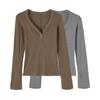 Korean V-Neck Waist-Cinched Slimming Long-Sleeve Top for Women - Autumn/Winter Casual Style