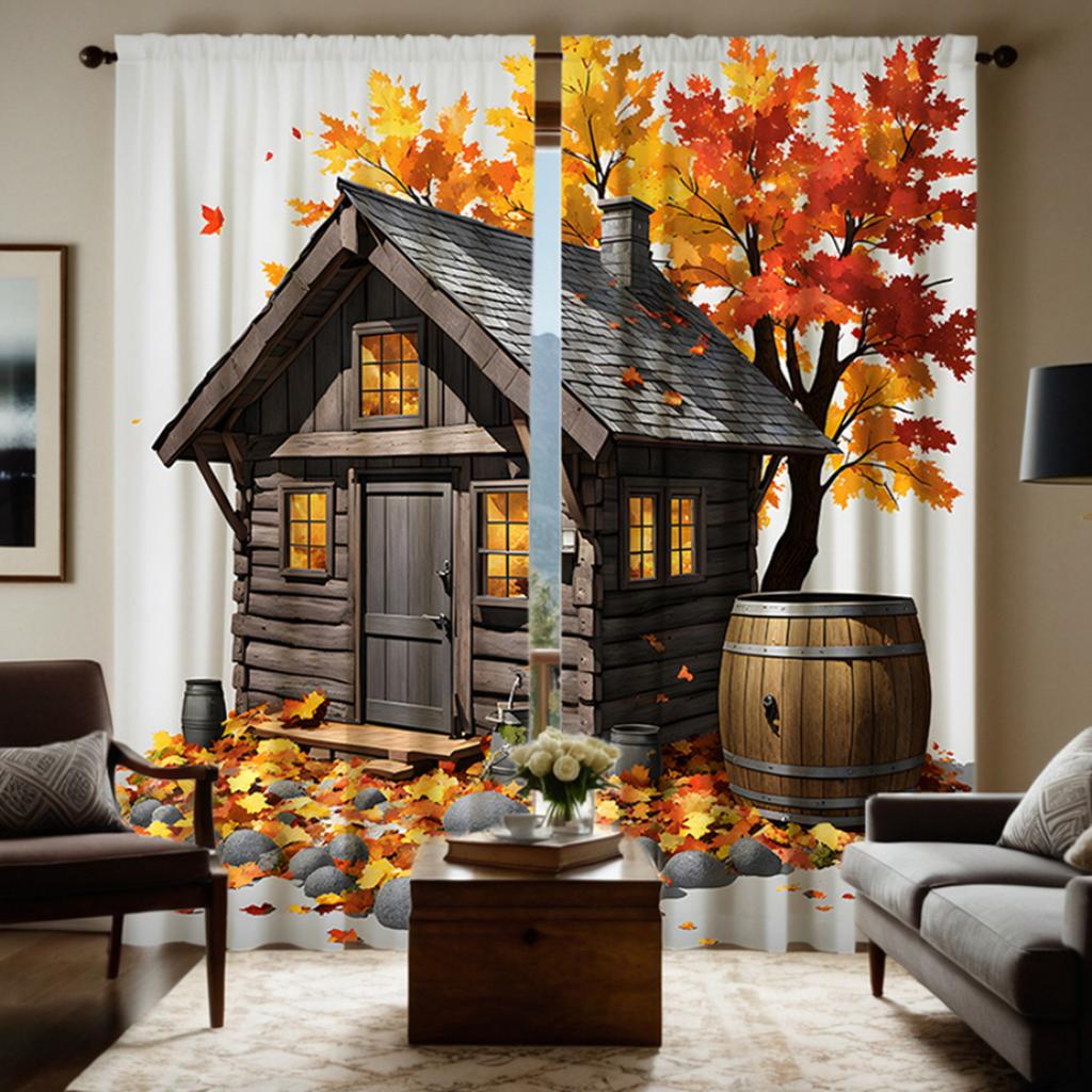 2pcs  HD autumn wooden house under maple tree decorative curtain Yellow tie digital printed curtain Home decoration style deco