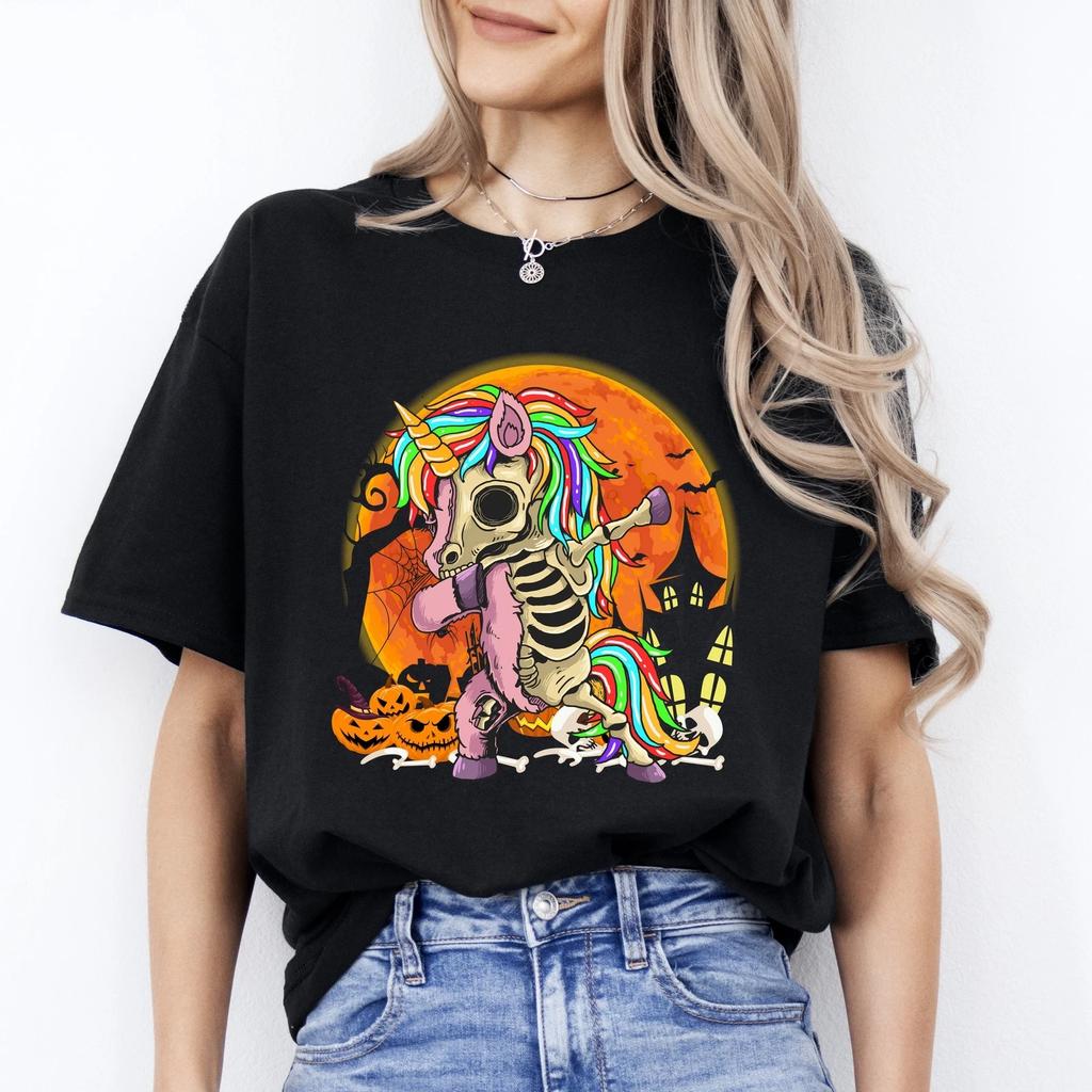 Dabbing Unicorn Halloween Unisex T-Shirt Scary Unicorn Skeleton Dance Tee Black
