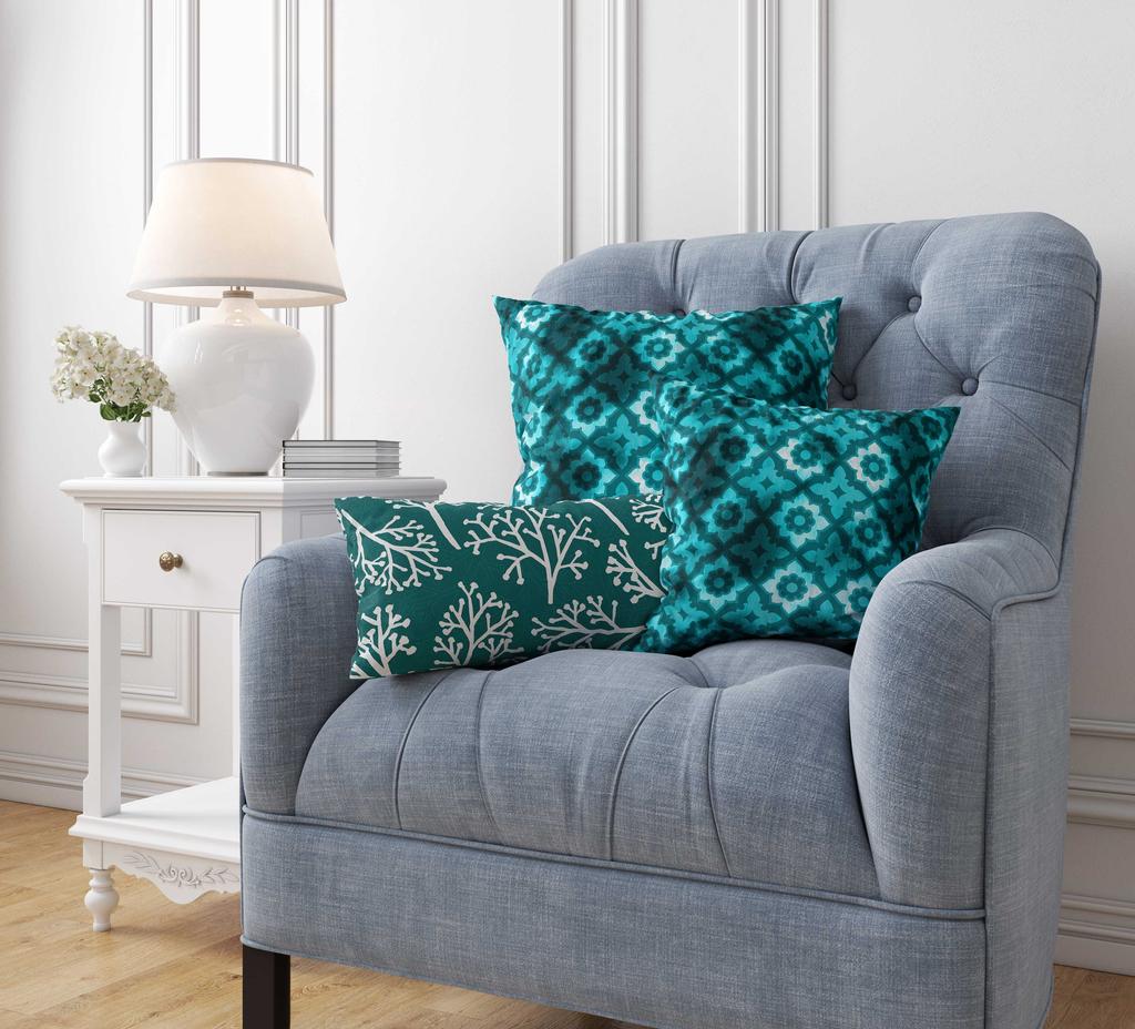 Vargottam Square Pillow Cover - Decorative Pillow Covers  12x12 Inches,  Printed  Teal Blue  Theme  Pillowcase,