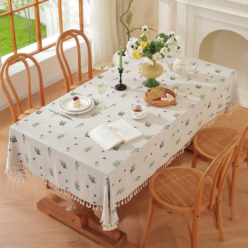 American Linen Natural Color Embroidery Embroidery Fringed Flower Coffee Table Tablecloth Dining Table Cloth Ins Decoration