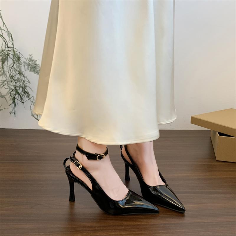 Fashion Pointed Patent Leather Hollowed-out Wrapped-head Shallow-mouth Stiletto Sandals Women's New Summer Versatile High Heels