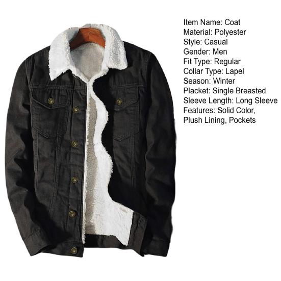Men Jean Jacket Plush Lining Single Breasted Turndown Collar Solid Color Long Sleeve Coldproof Winter Thicken Lapel Denim Coat for Trip