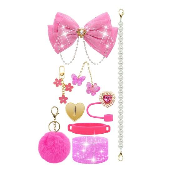 1 Set Tassenhülle Funkelnde Strasssteine Schleife Plüschball Dekoration Kunstperlen Lanyard Tassenzubehör mit Silikonboden-Schutz