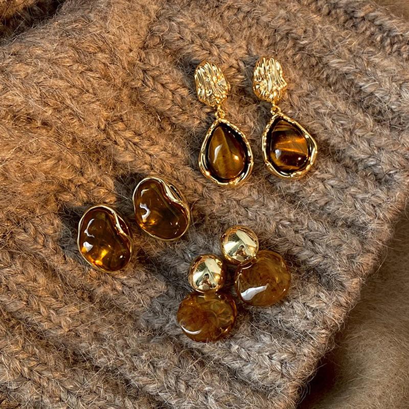 Vintage Brown Resin Tiger Eye Stone Dangle New Earrings for Women Fashion Silver Needle Earring Personality Melard Color Jewelry
