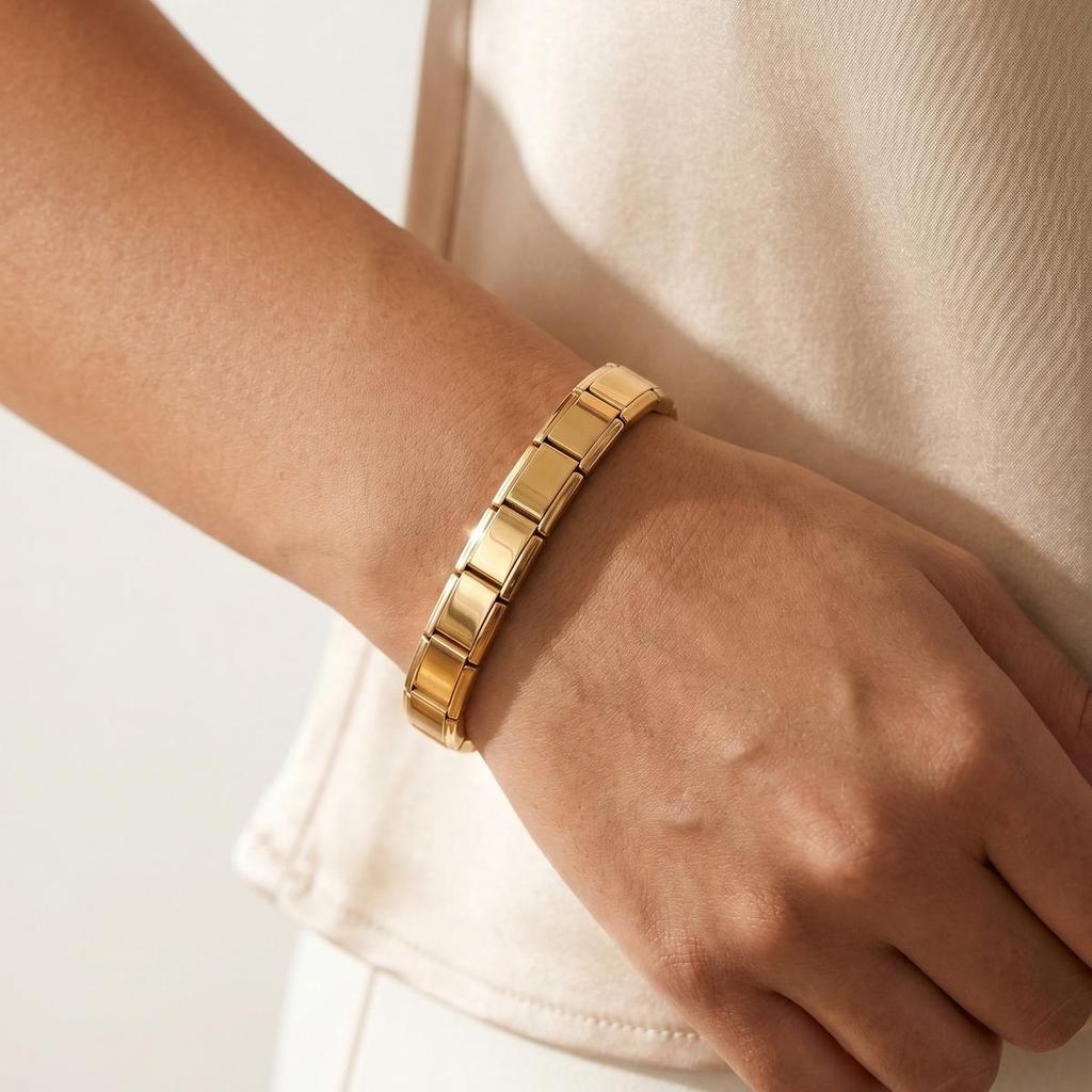 Trendy 18K Gold Plated Italian Charm Bracelet for Women, 9mm Stainless Steel Modular Link Chain, Waterproof Tarnish Free