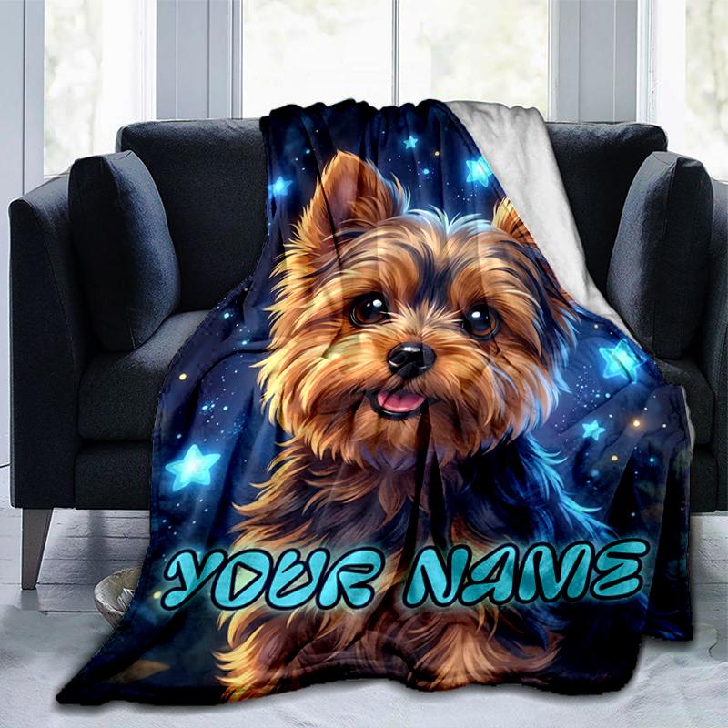1PC Custom Name "Starry Night Yorkie Portrait" flannel blanket versatile,all-season throw suitable for the living room,bedroom,camping,travel,and gift