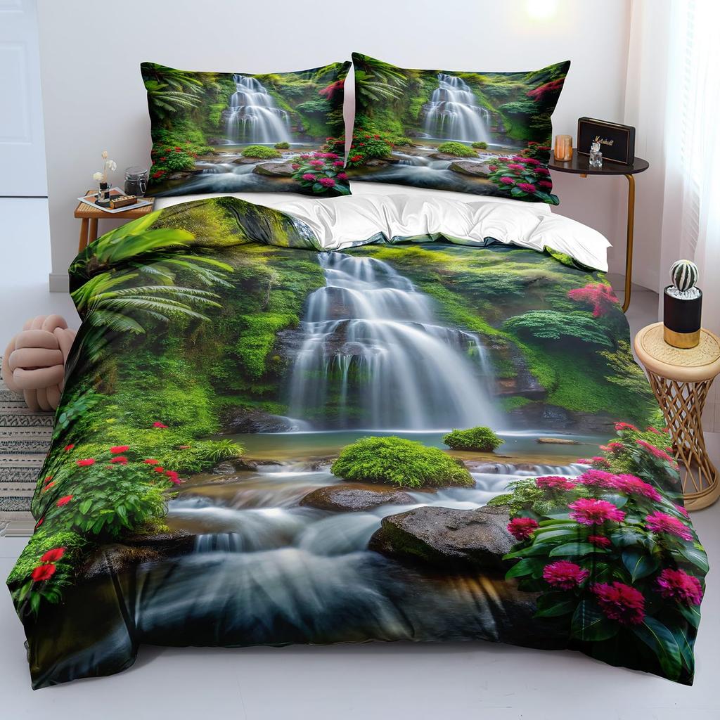 Waterfall Duvet Cover Sets For Teens Adults Queen Quilt Covers Lightweight Down Room Decor 2 Pillowcases 1 Duvet Cover No Quilt