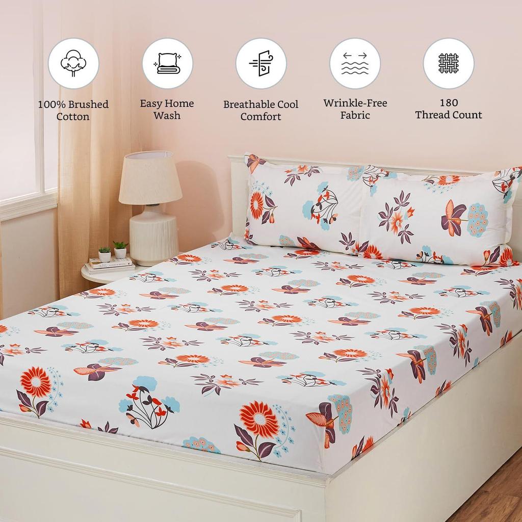 Queen Size Flat Bedsheet with 2 Pillow Cases | 180 TC | 100% Cotton | Washing Machine Washable | 90 x 100 Inches | Floral Design