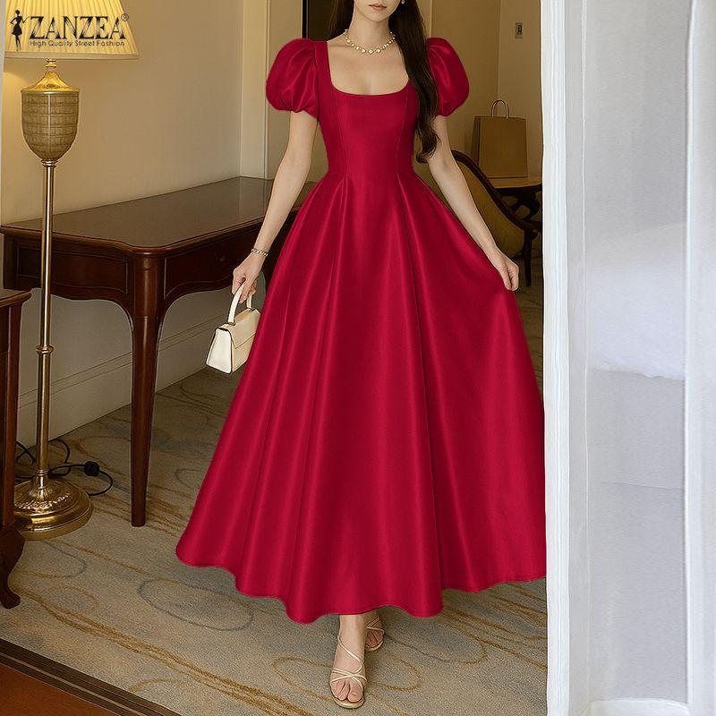 ZANZEA Women Casual Square Collar Summer Short Sleeve Party Long Dress