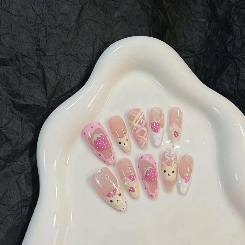 10Pcs Almond Press On Nails with Pink Strawberry Bear Design Acrylic False Nails Cute French Full Cover Nail Tips Summer Girl