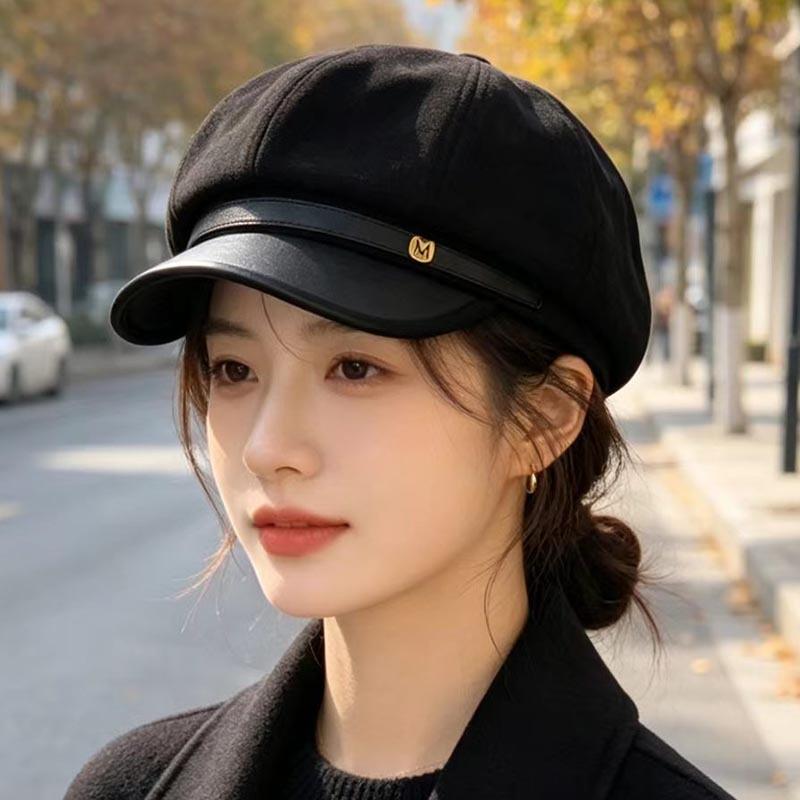 Autumn and winter new suede octagonal hat women's M metal label belt newsboy hat British retro versatile painter hat