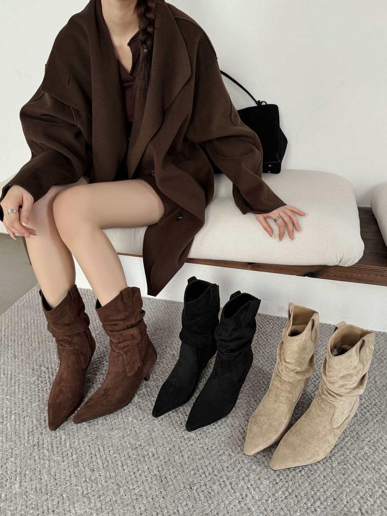 European and American style pointed-toed pleated piled boots women's 2025 autumn fine-heeled short denim bare boots high-heeled temperament short boot