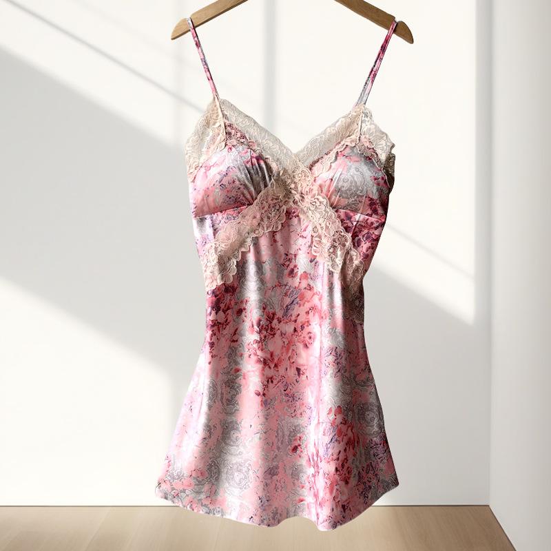 New women's summer ice silk pajamas sexy chest pads spring and autumn suspenders Internet celebrity shorts two-piece loungewear set