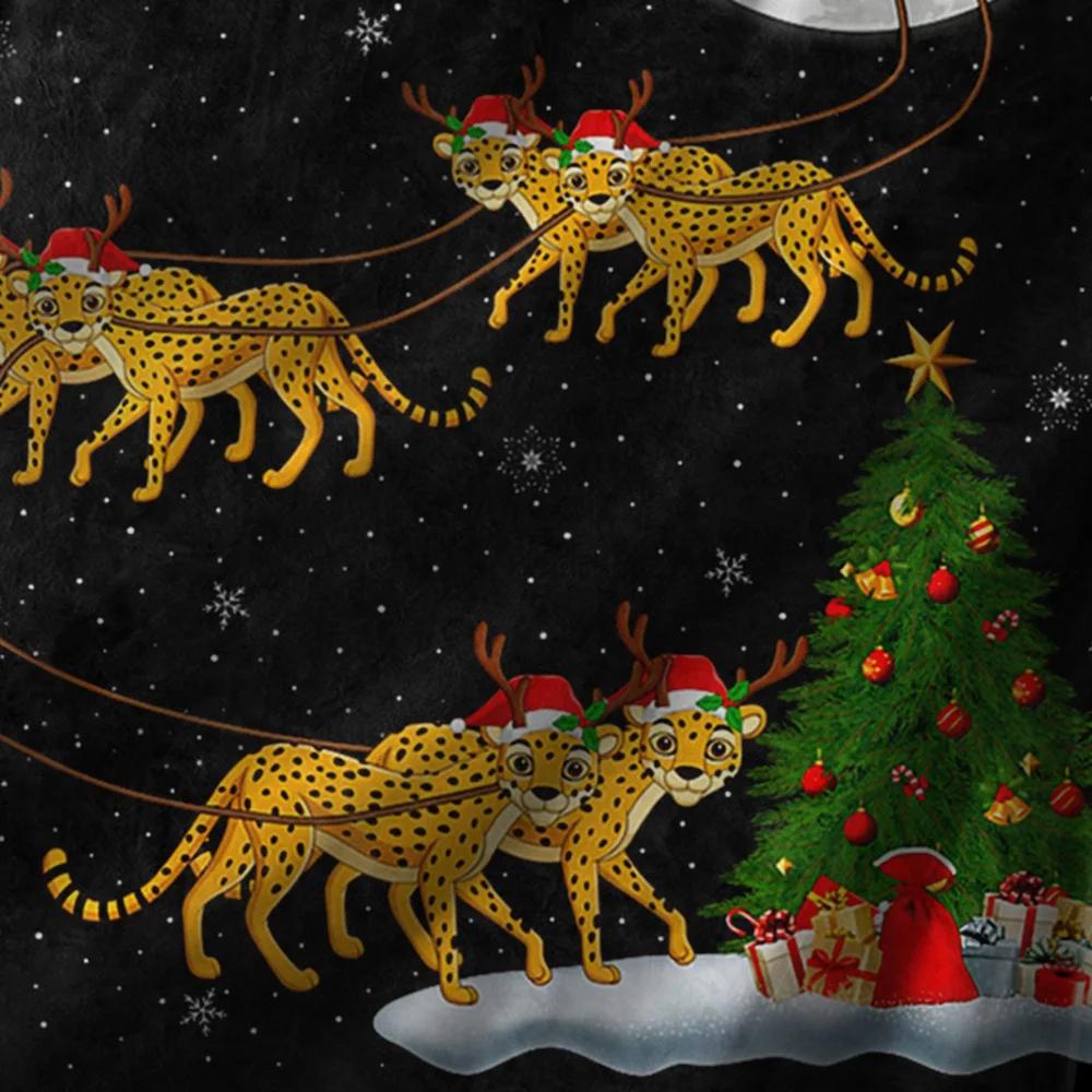 Cheetah Sleigh Christmas Fleece Blanket, Santa with 6 Leopards Under Moonlight, Fantasy Holiday Throw for Unique Decor