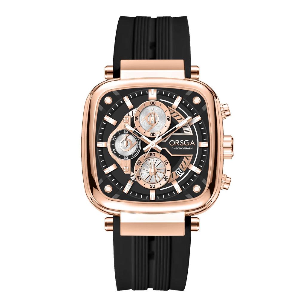 Mens Square Chronograph Watches Waterproof Luminous Quartz Wrist Watch with Silicone Strap