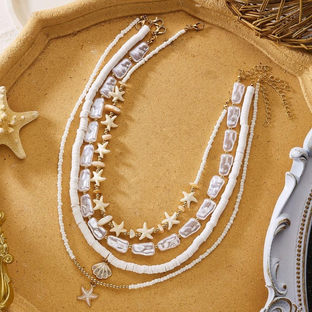 4 Stück/Set Vintage Boho Seestern Anhänger Halskette Imitation Perlen Schlüsselbein Kette Mehrschichtig Muschel Choker Schmuck