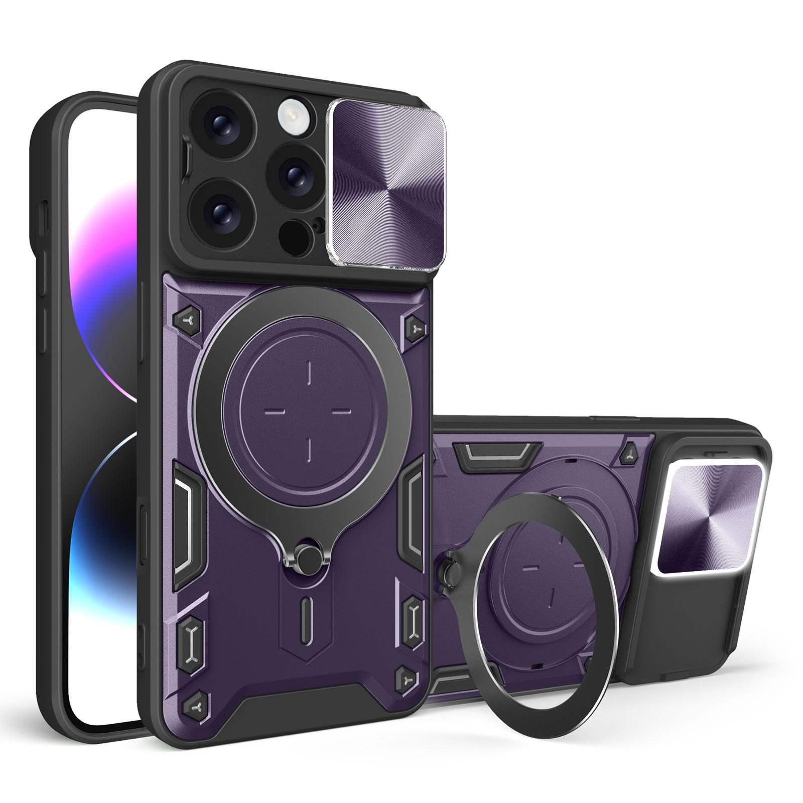 For iPhone 16 Pro Case TPU + PC Phone Cover with Kickstand , Slide Lens Window