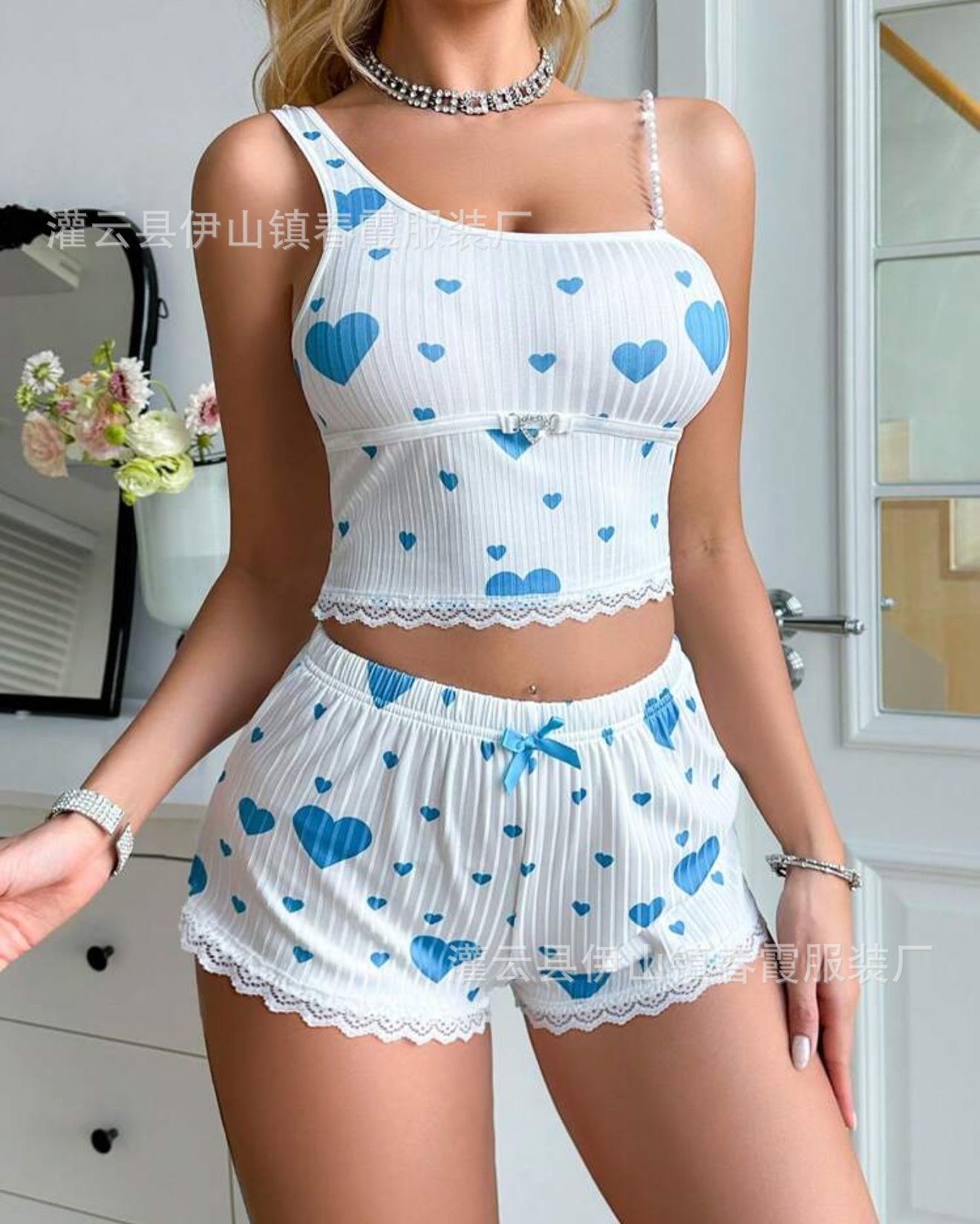 2026 New Love Printed Suspender Shorts Set Loungewear Pit Ribbed Women S
