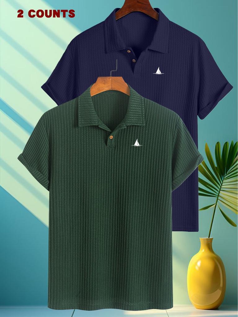 2pcs Print Men's Textured Jacquard Short Sleeve Polo Shirts | Casual Comfortable Soft Knit Lapel Collar, Ideal for Daily Business Wear
