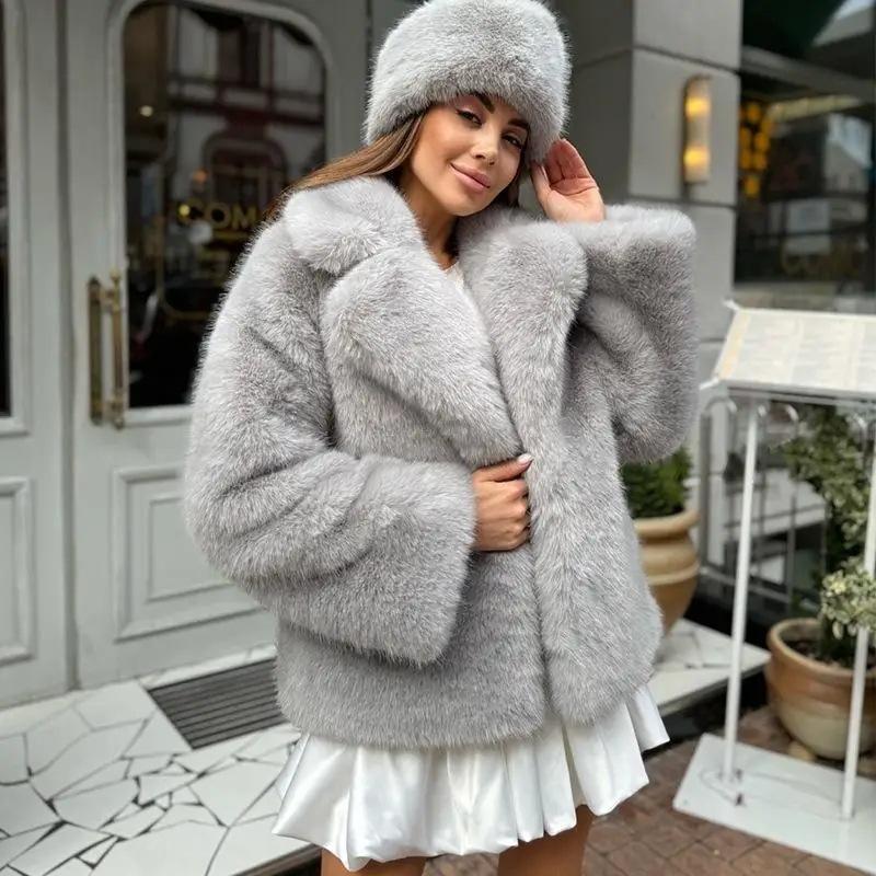 Dicker warmer Kunstpelzmantel für Damen mit Gürtel Umlegekragen Pelzparkas Neue Winter Kurze Lockere Flauschige Oberbekleidung