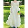 Abito lungo in chiffon fata vintage da donna bianco elegante abito longuette da festa francese manica a sbuffo abbigliamento casual da donna