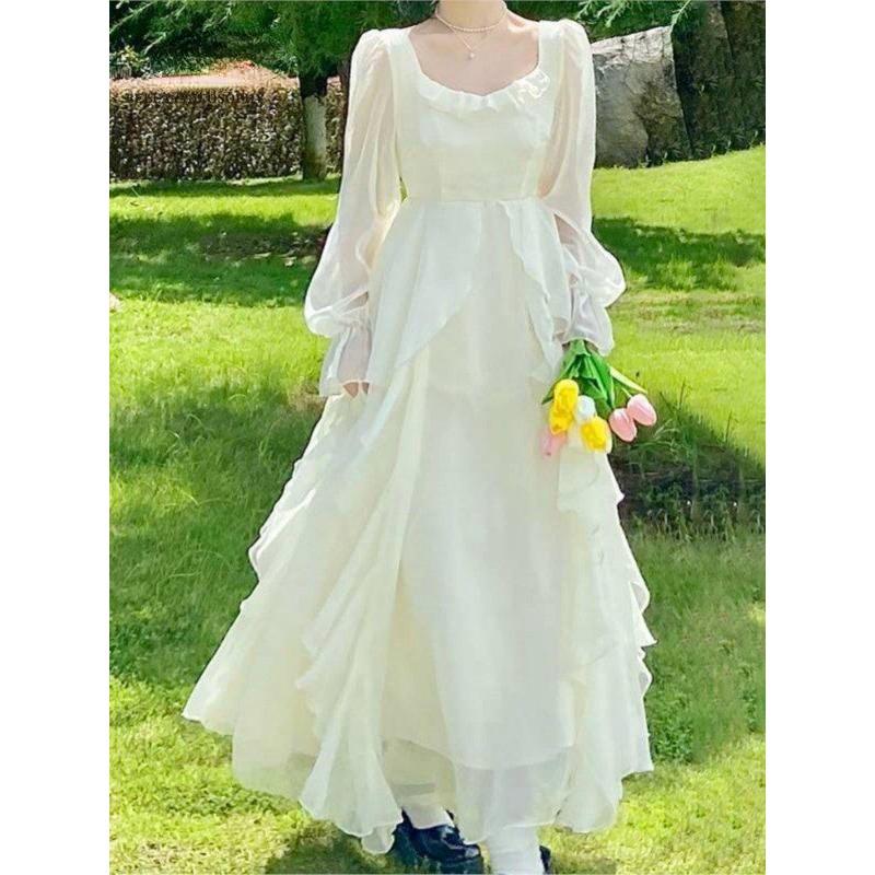 Abito lungo in chiffon fata vintage da donna bianco elegante abito longuette da festa francese manica a sbuffo abbigliamento casual da donna