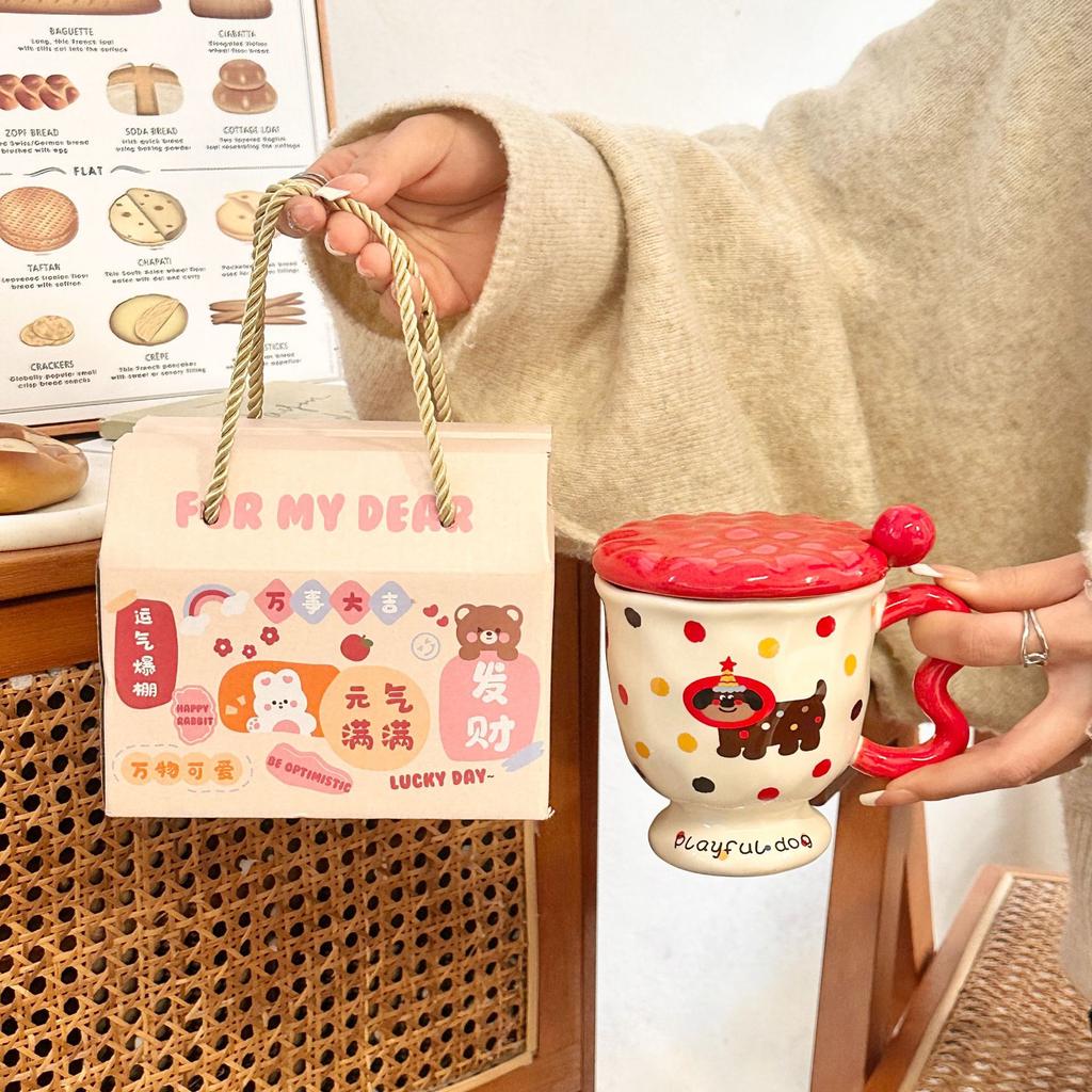 Ins Wind Puppy Mug with Lid Spoon Goblet Ceramic Water Cup Girls Cup Office Coffee Breakfast Cup Cup